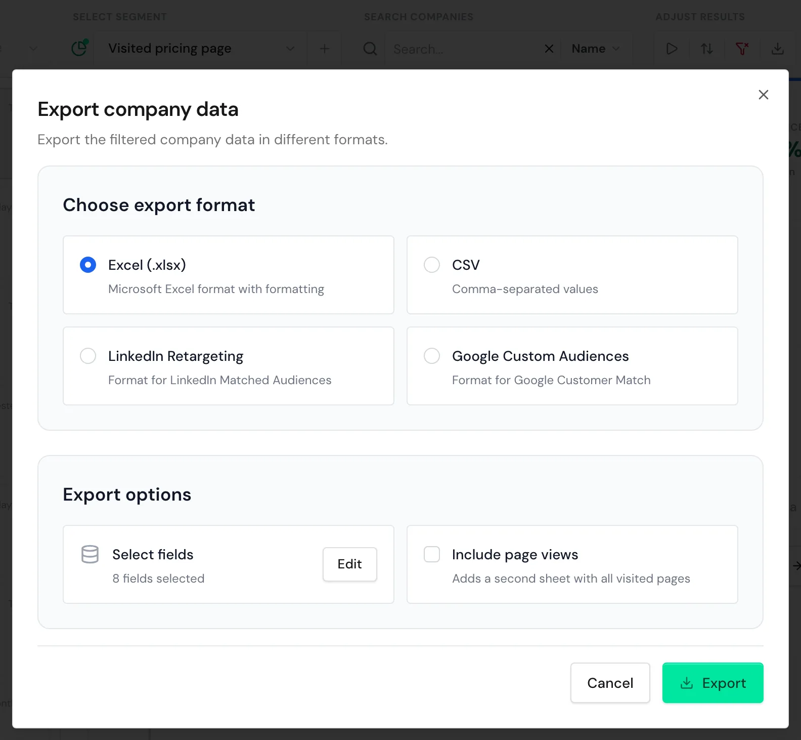 The Export company data window over the list with an active segment
