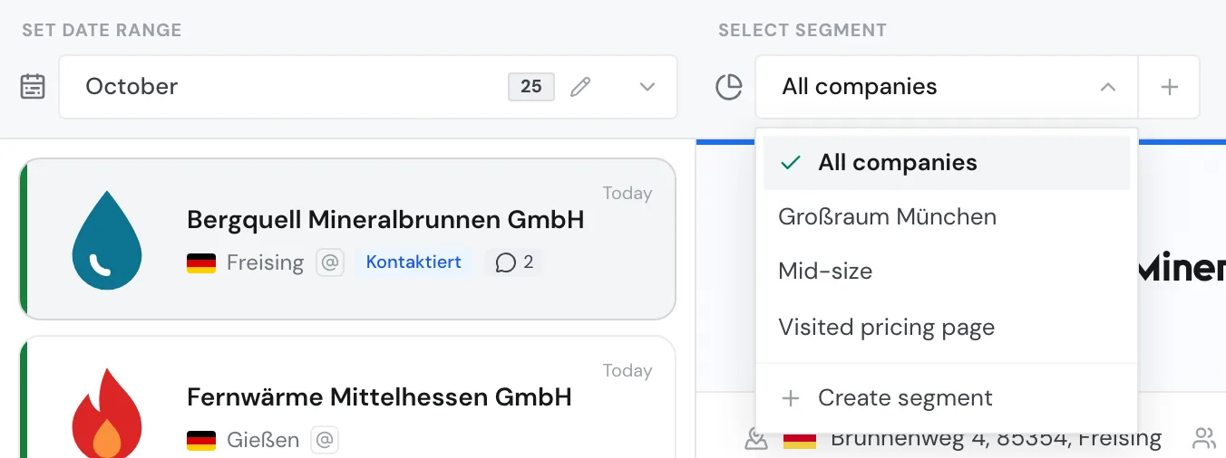 The open segment picker with three segments and Create segment