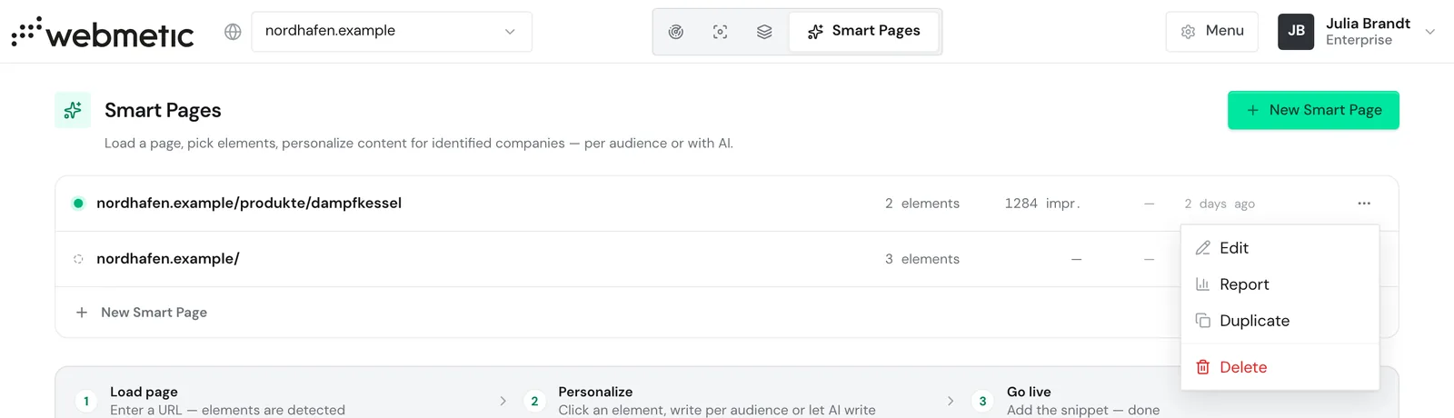 The Smart Pages list with the row menu open and the Report item