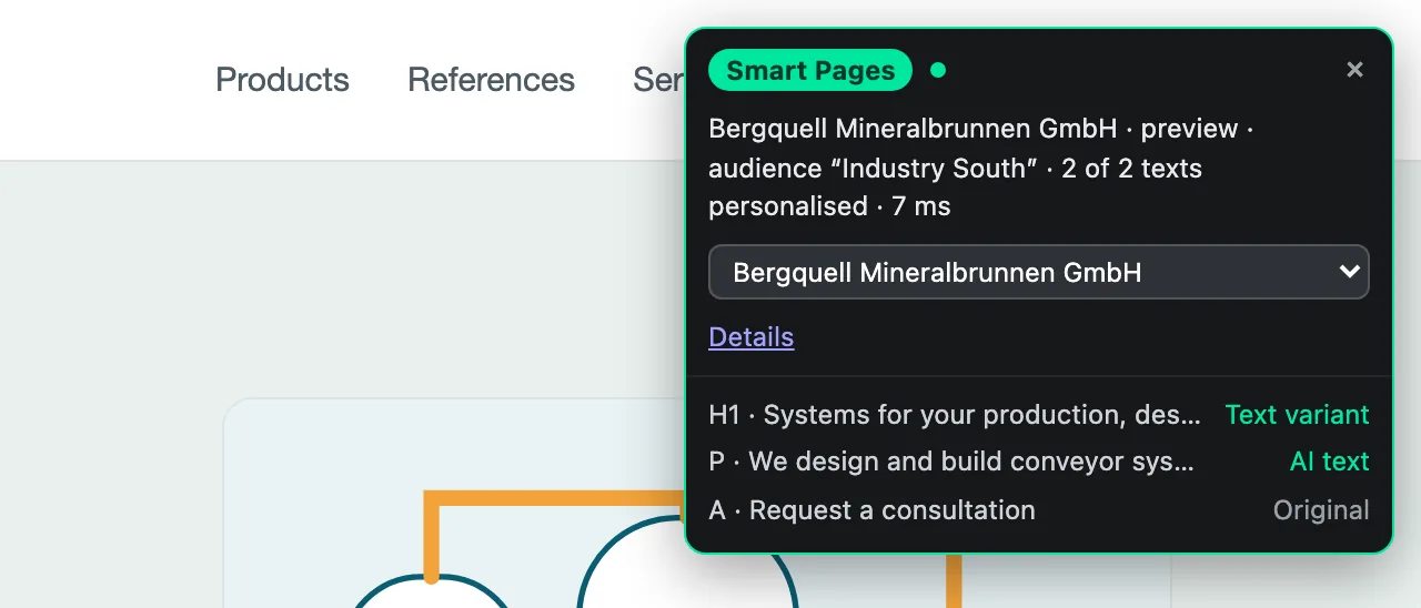 The test box on the test link with company, audience, and expanded details