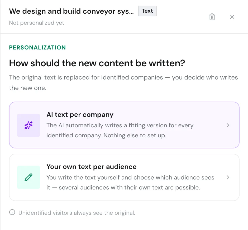 The side panel with the methods AI text per company and Your own text per audience