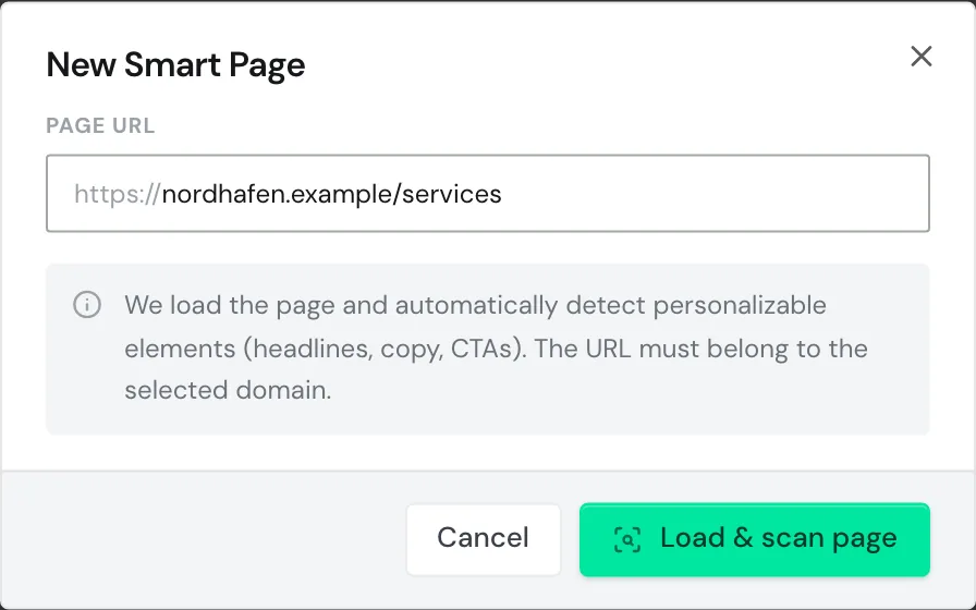 The New Smart Page dialog with the page URL filled in