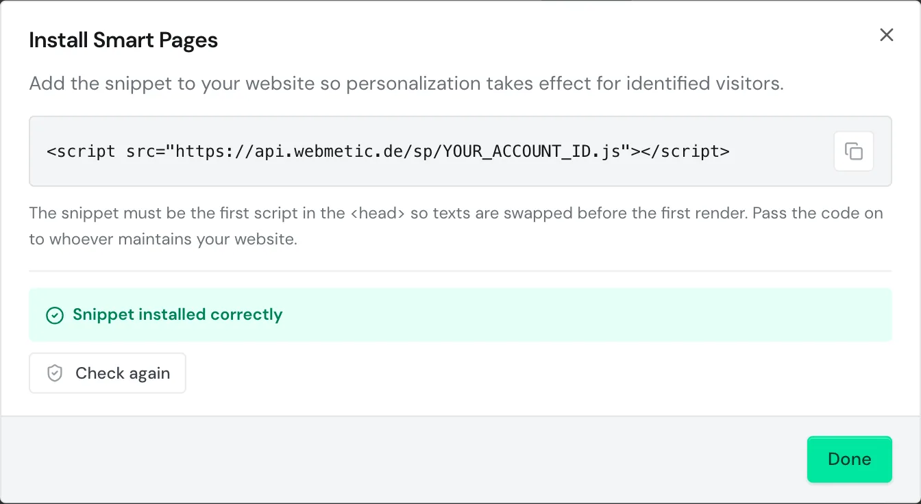 The Install Smart Pages dialog with the Smart Pages code and the message Snippet installed correctly