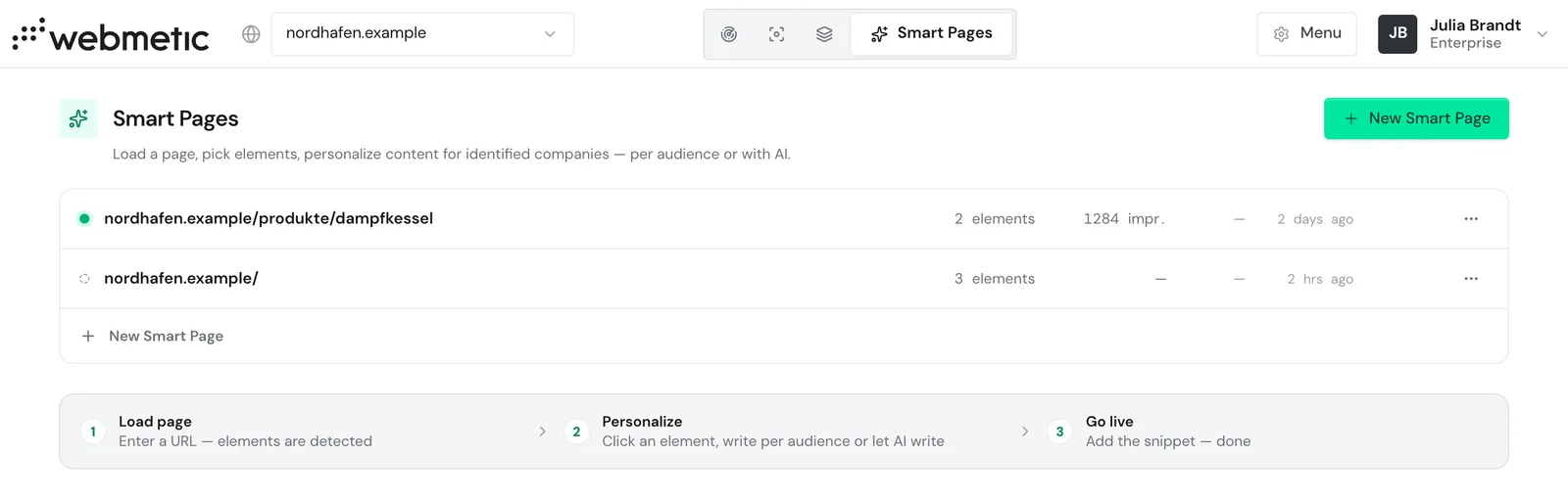 The list of Smart Pages with one live page and one draft