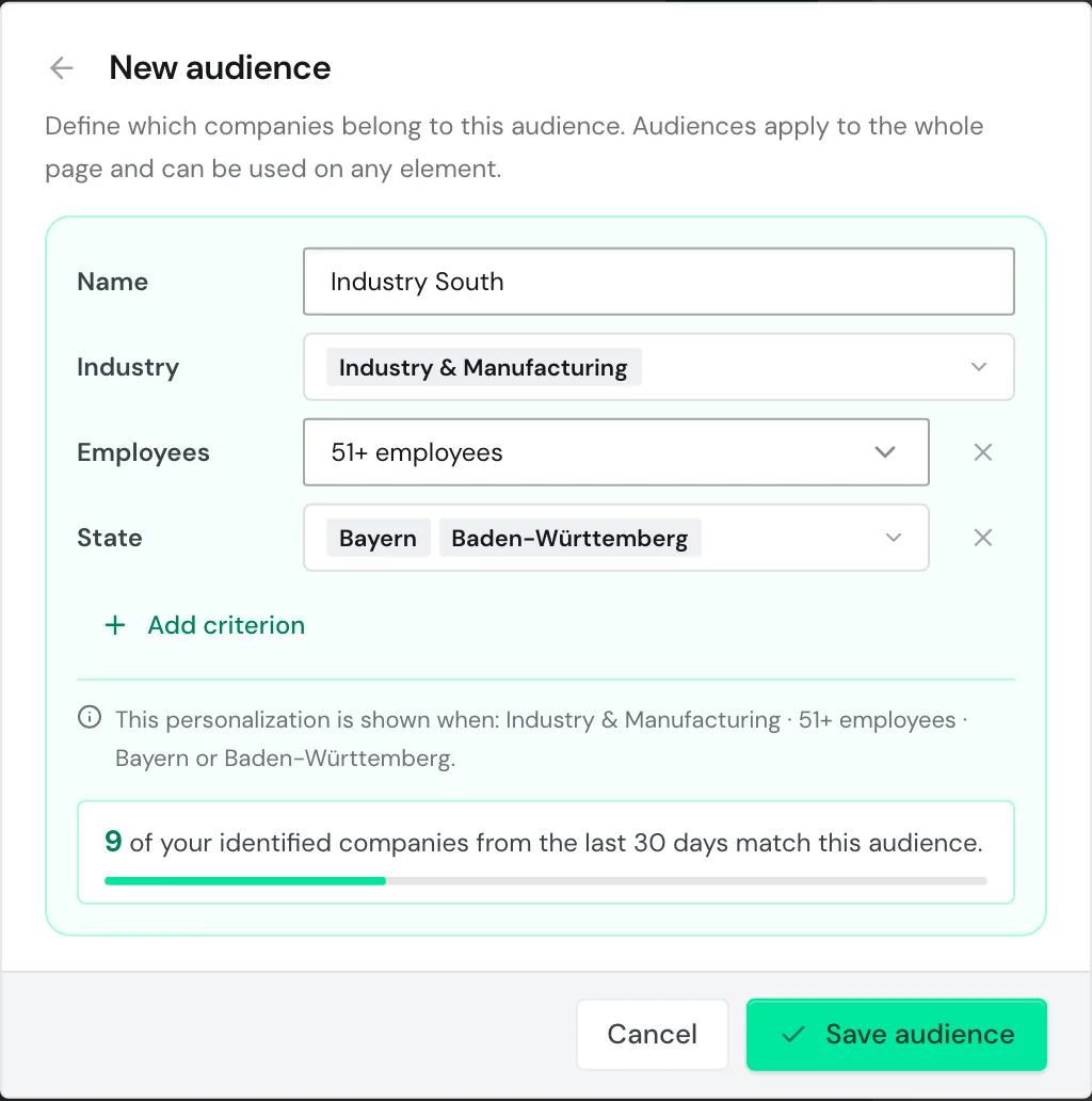 The New audience dialog with an industry, two criteria, and the number of matching companies