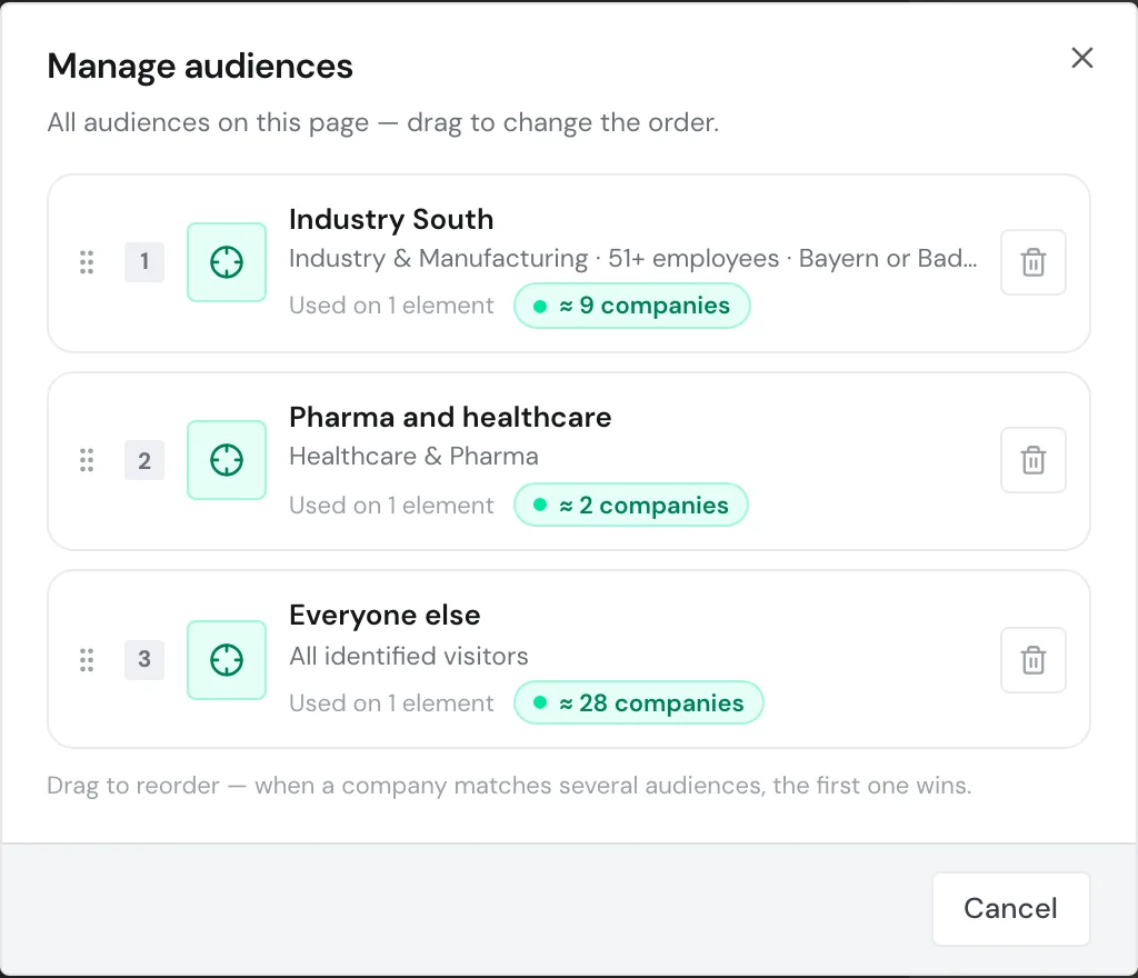 The Manage audiences dialog with three audiences, the last one without criteria