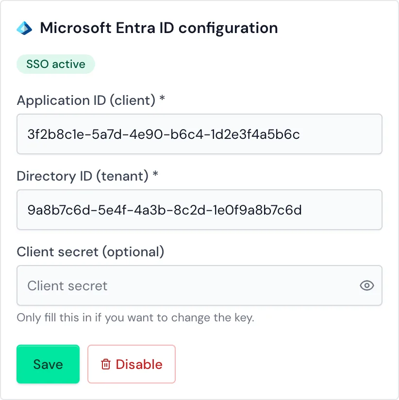 The SSO settings window with a saved configuration and the status SSO active