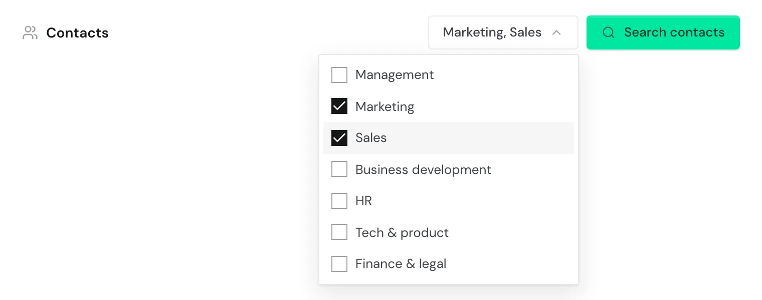The department picker in the Contacts section with Marketing and Sales selected