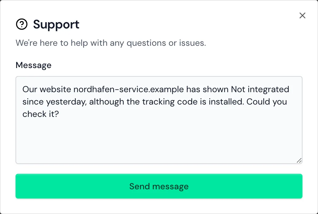 The Support window with a question in the Message field