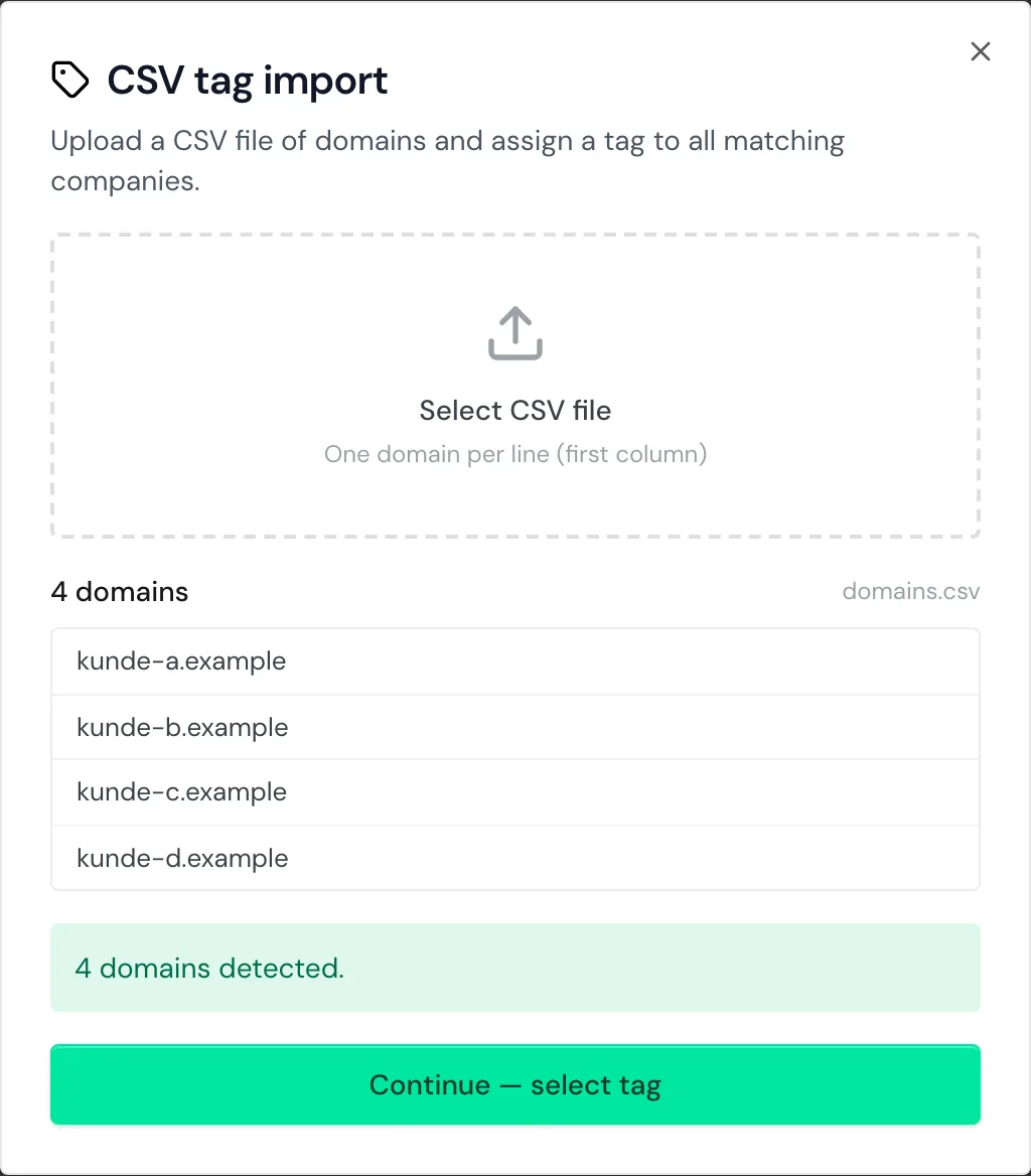 The CSV tag import with four detected domains