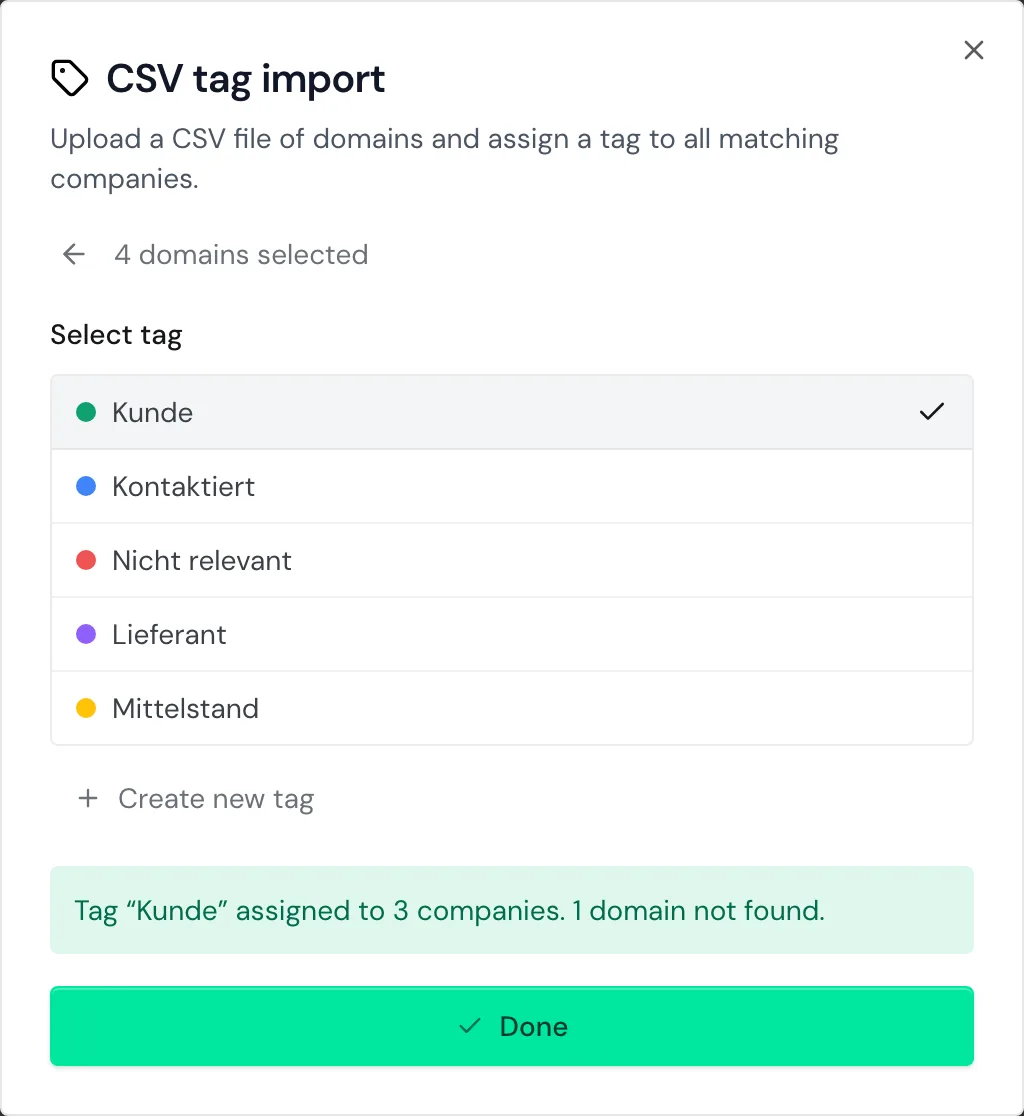 The result of the CSV tag import with one domain not found