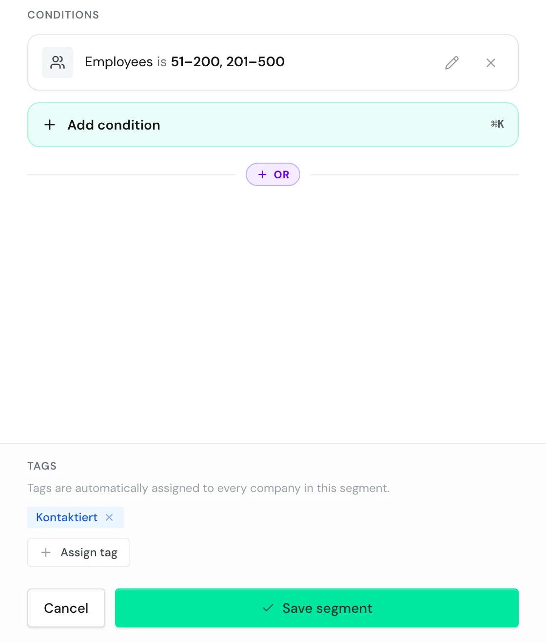 The segment builder with one condition and the tag Kontaktiert in the Tags section
