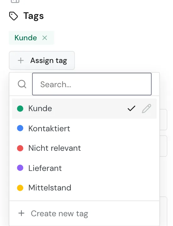 The tag picker in the profile of Fermtec Pharma with the tag Kunde