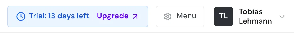 The top bar with the badge Trial: 13 days left and Upgrade