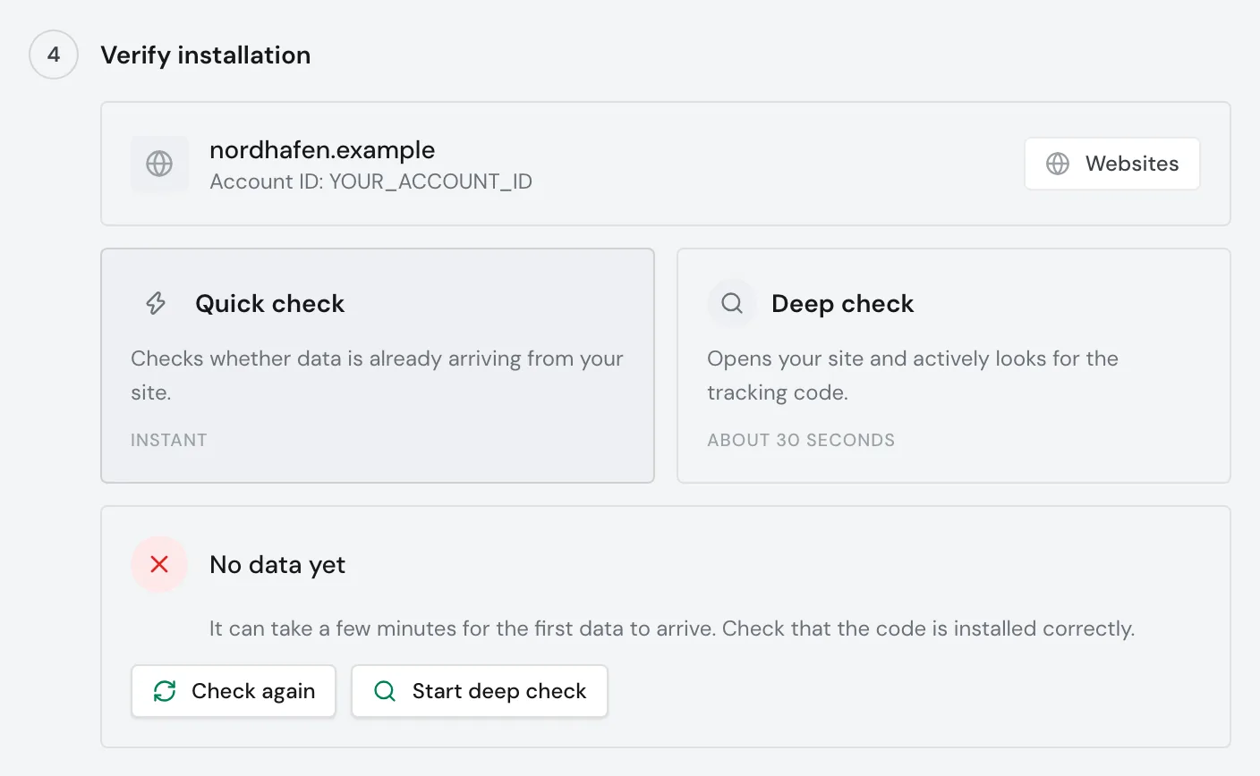 The quick check with the result No data yet