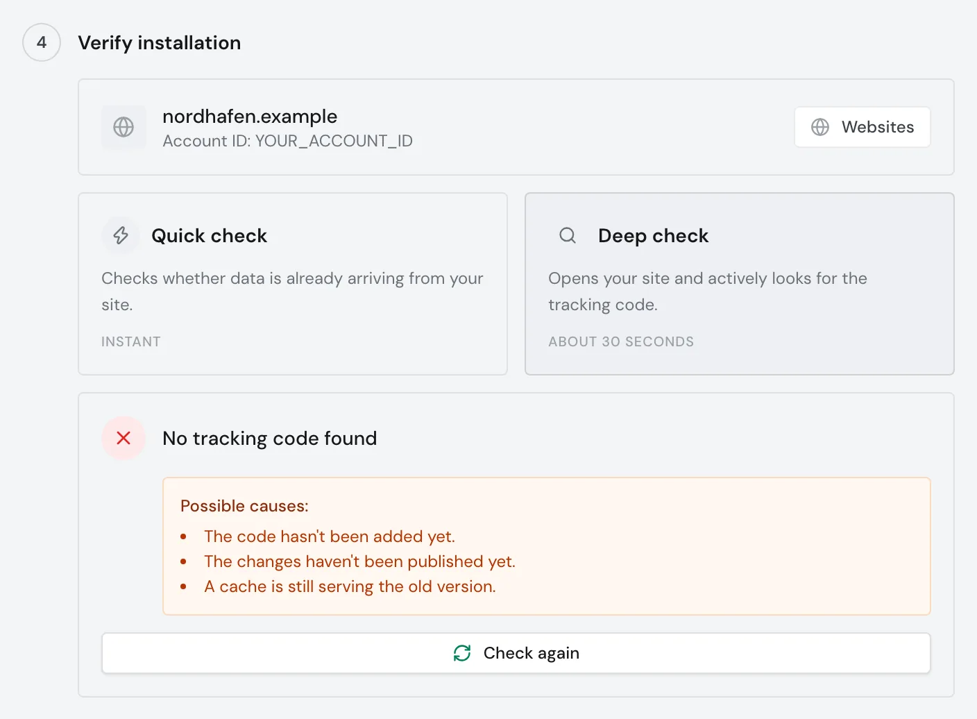 The deep check with the result No tracking code found