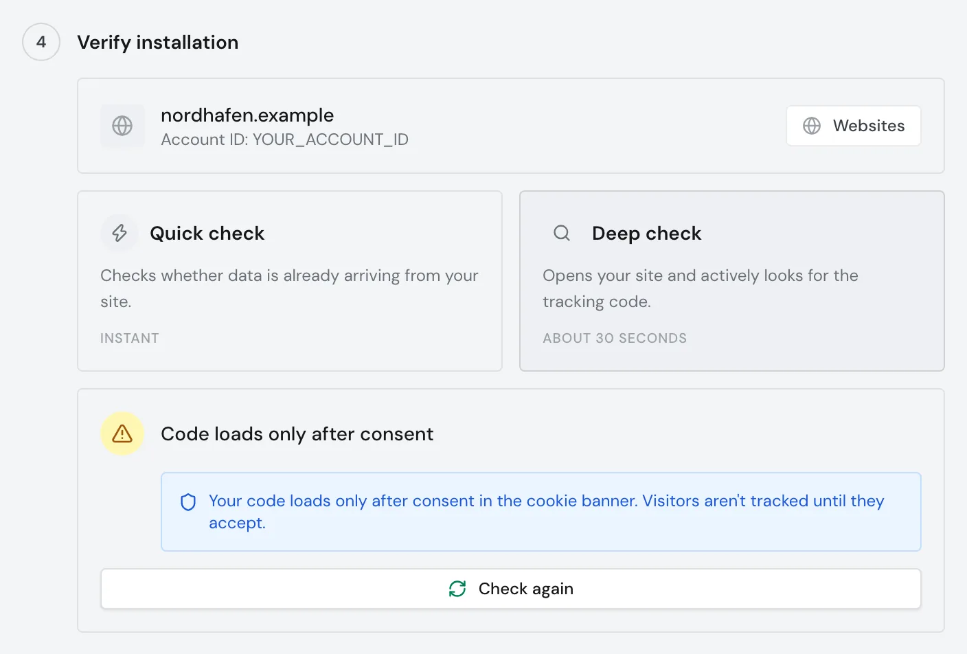 The deep check with the result Code loads only after consent