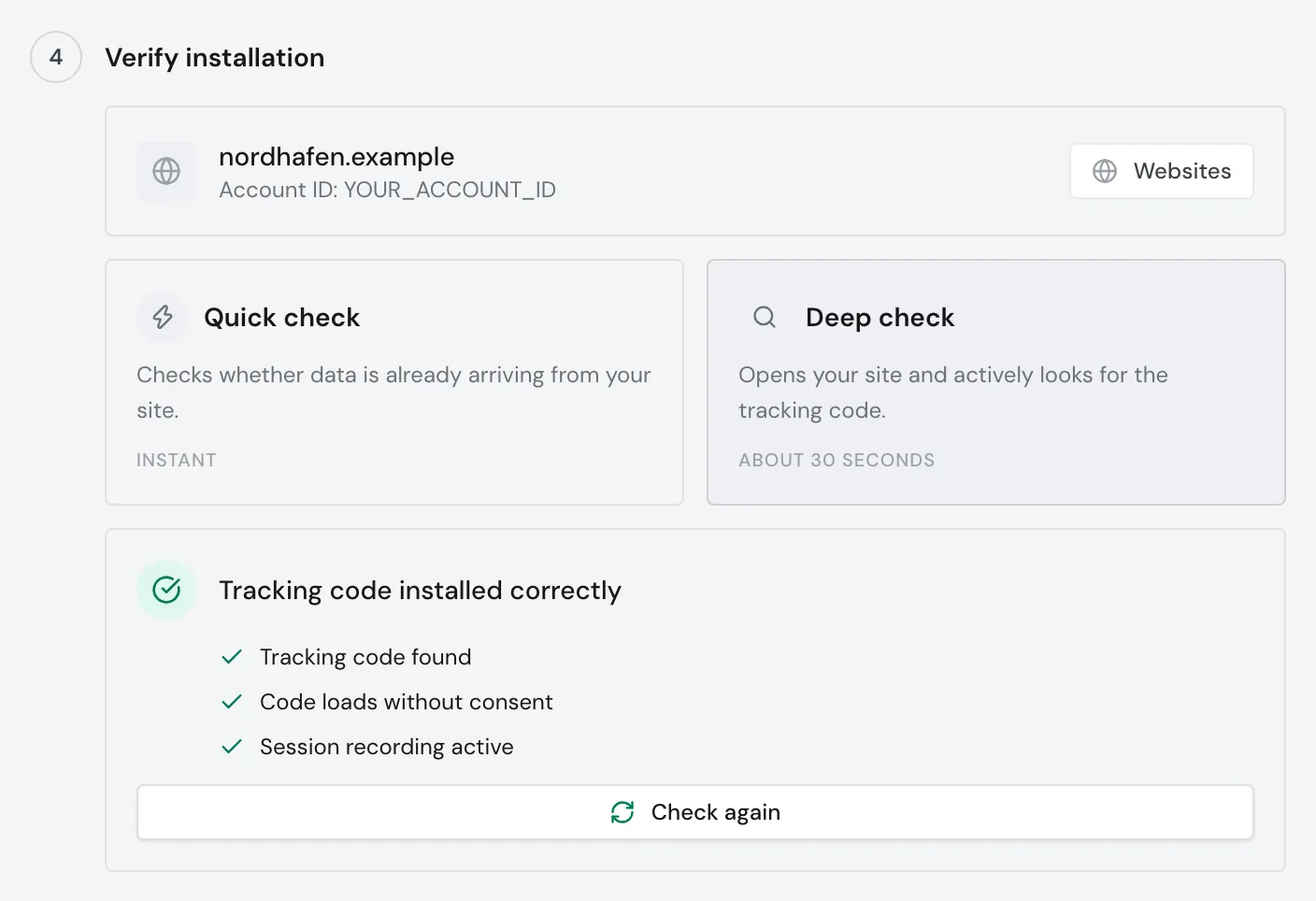 The deep check with the result Tracking code installed correctly