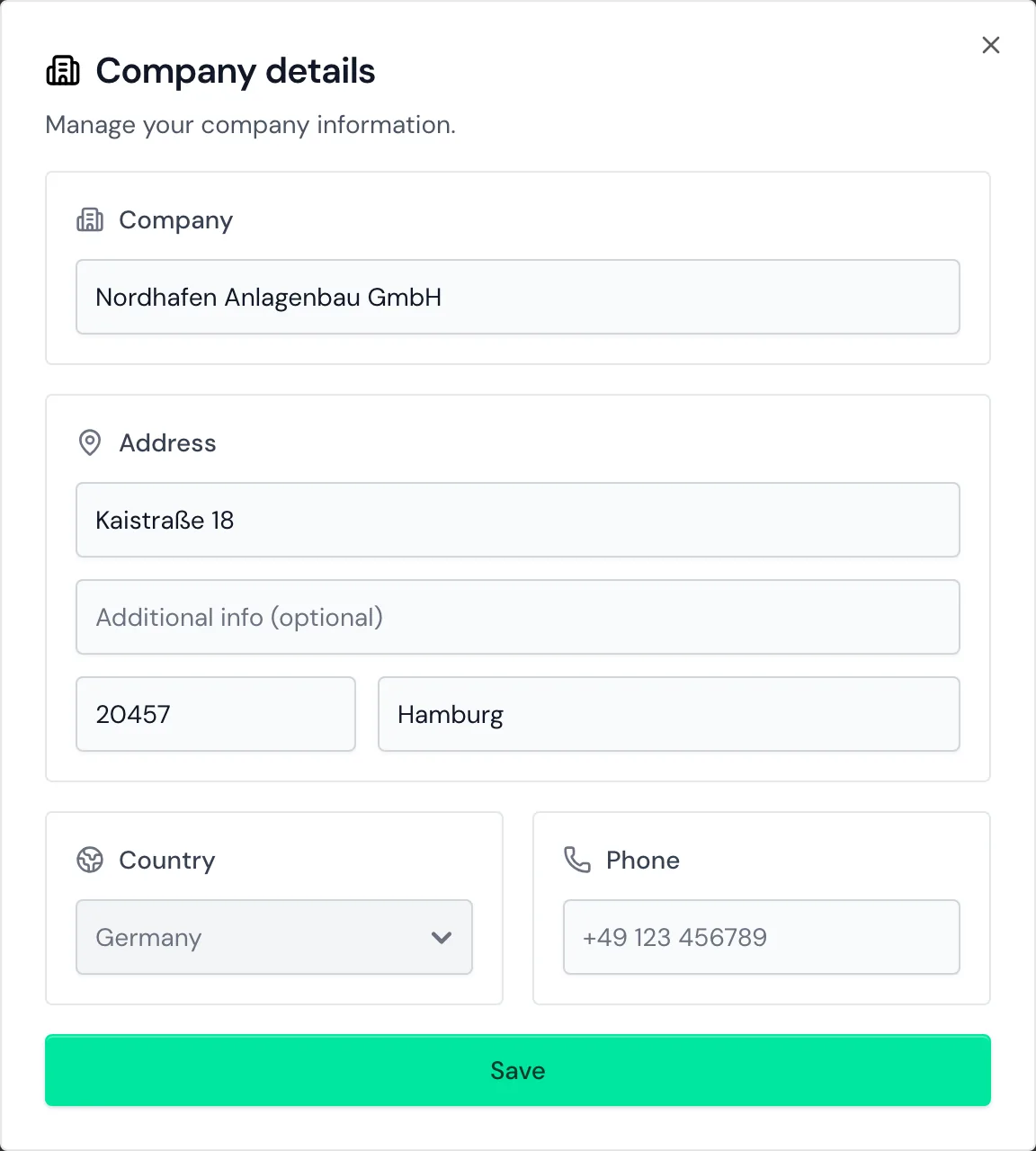 The Company details window with the name, address, and country of Nordhafen Anlagenbau