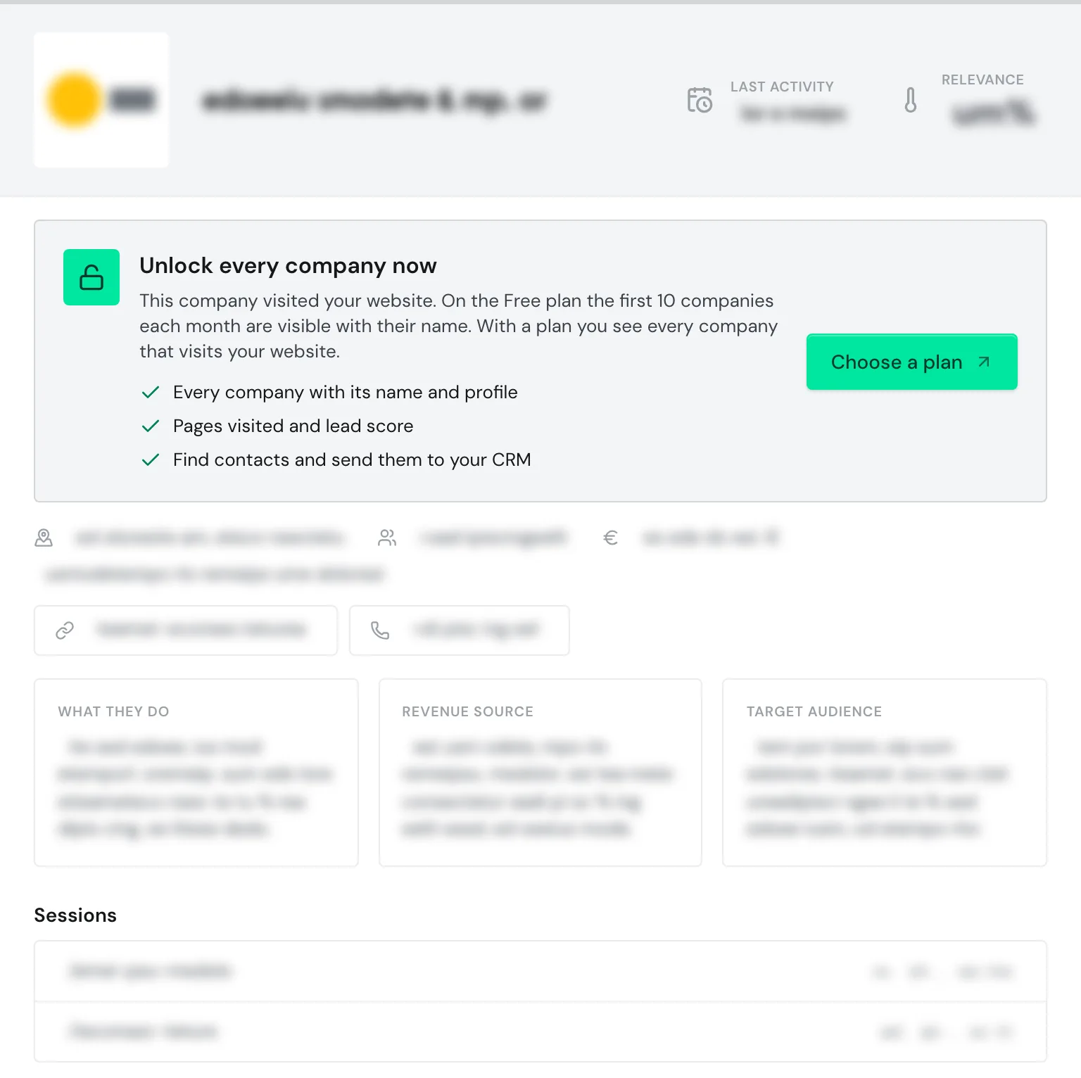 A hidden company on the Free plan with the notice Unlock every company now