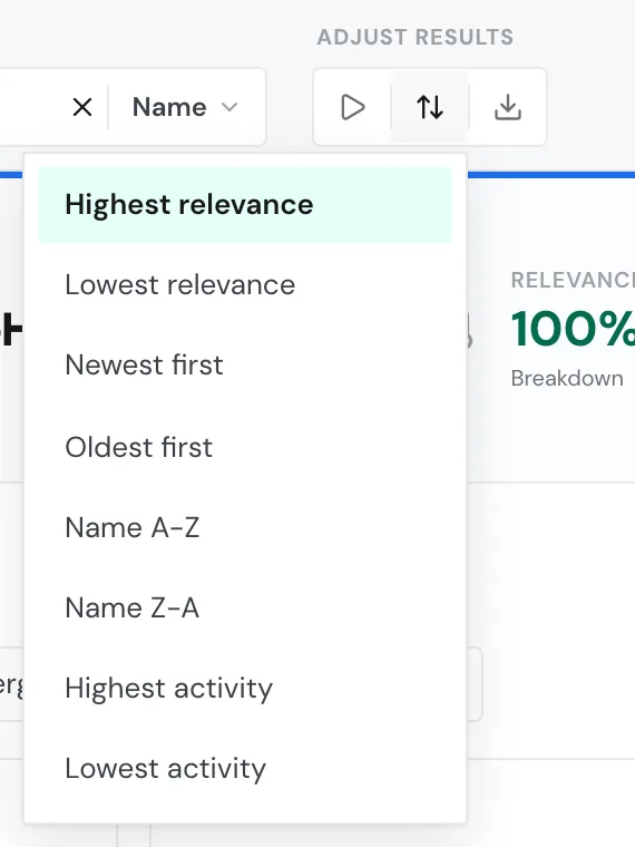 The sort menu with eight sort orders and Highest relevance as the default