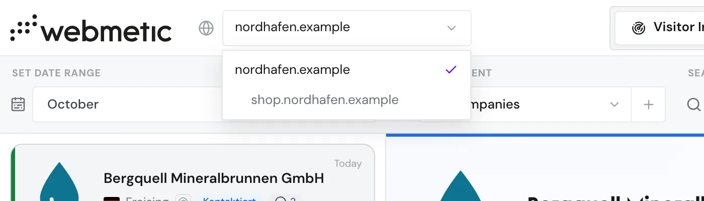 The website picker with indented subdomains