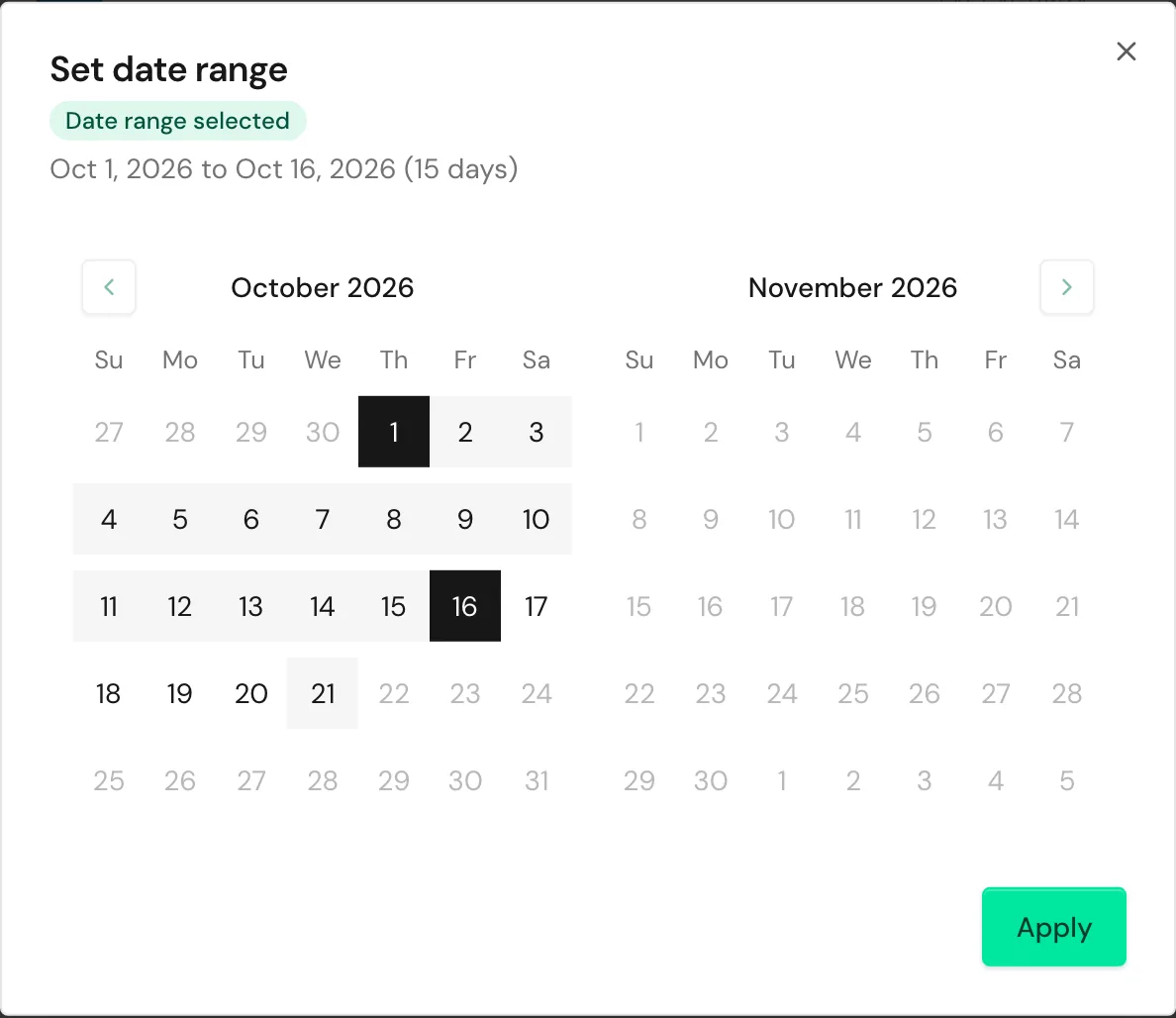 The Set date range window with a selected range