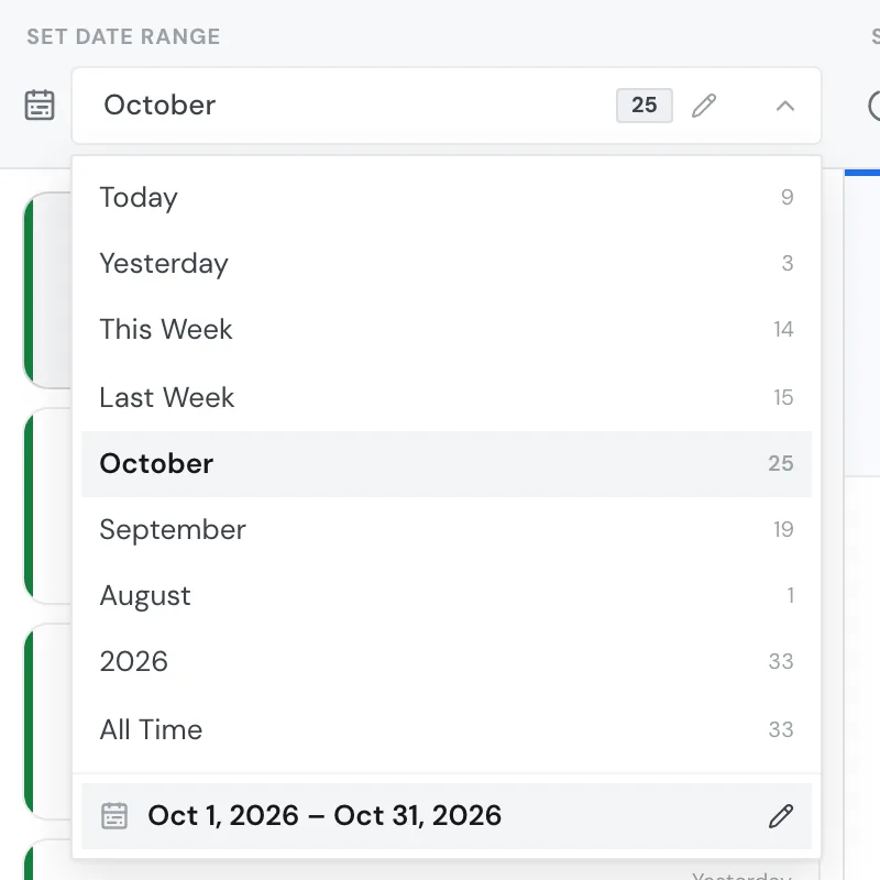 The date range menu with the number of companies per range