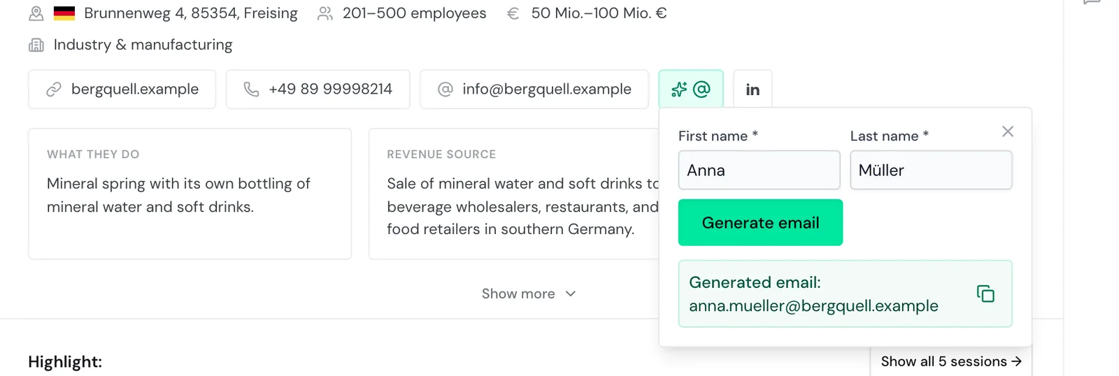 The email generator with first name, last name, and the generated address