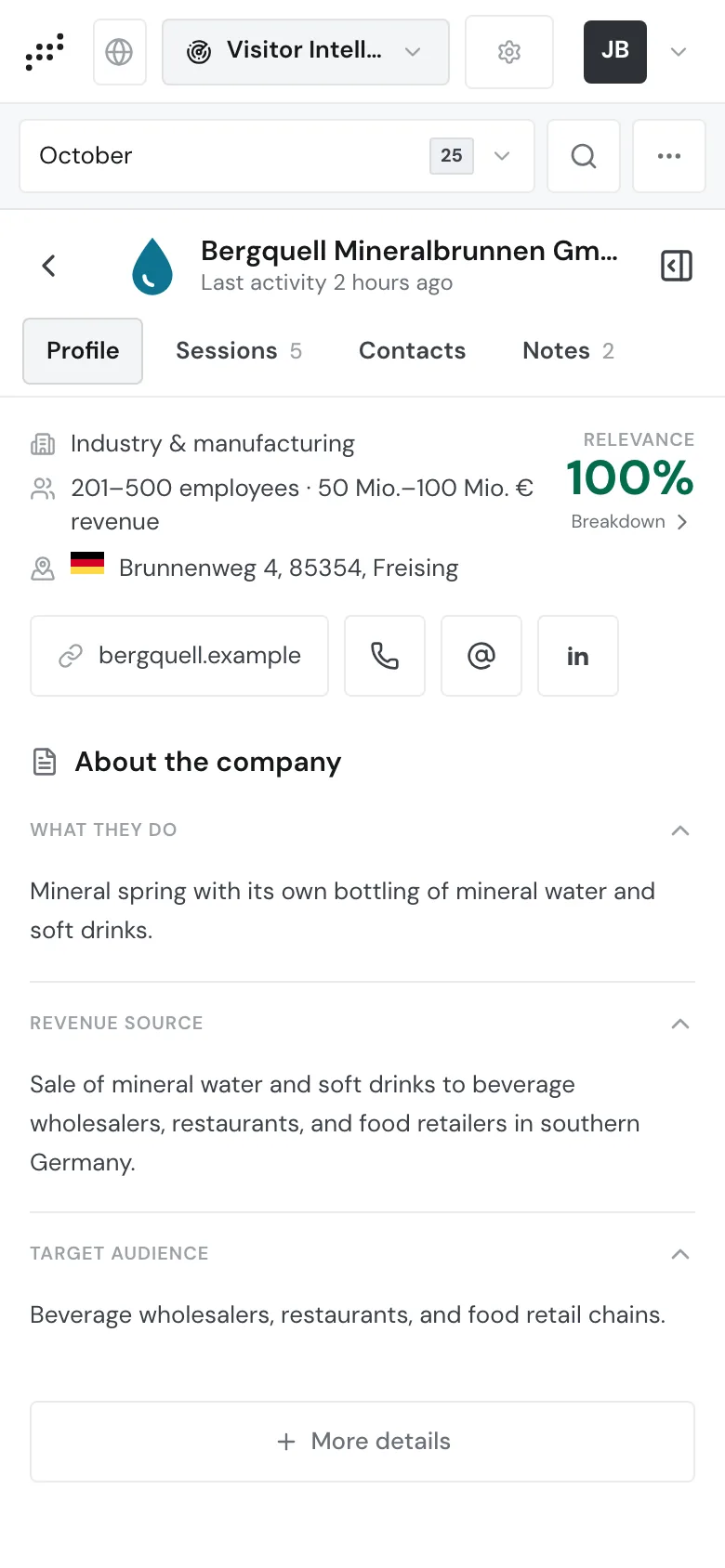 The profile on a smartphone with the tabs Profile, Sessions, Contacts, and Notes