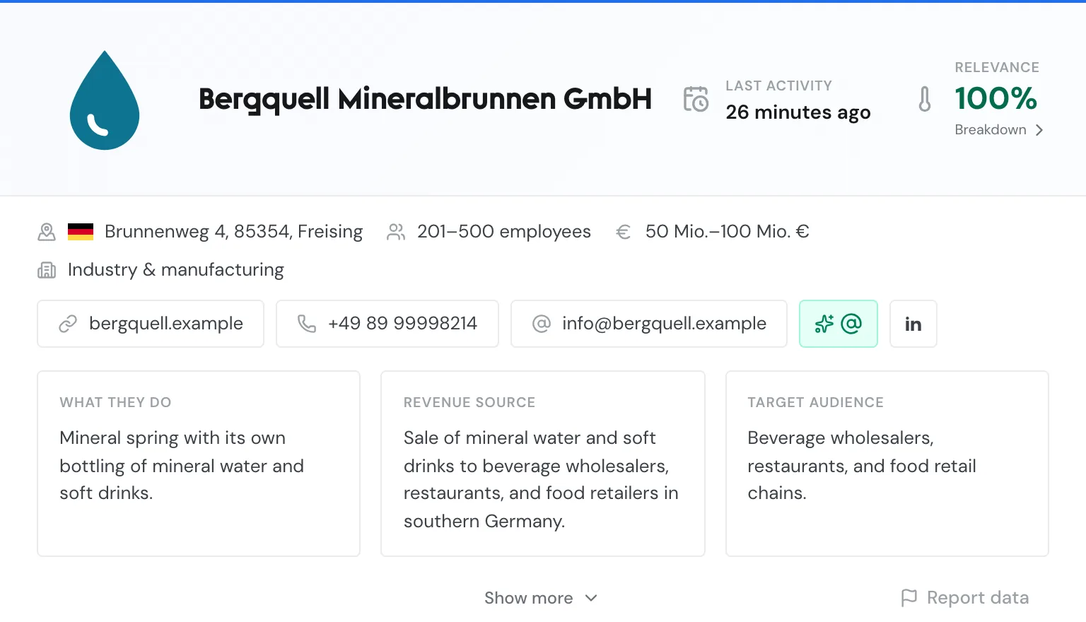 The profile of Bergquell Mineralbrunnen with header, company details, contact options, and the three descriptions