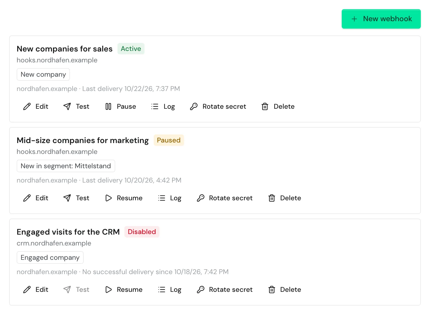 The Webhooks window with one active, one paused, and one disabled webhook