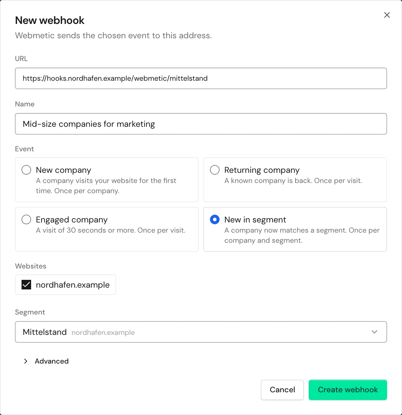 The New webhook window with URL, the event New in segment, and a chosen segment