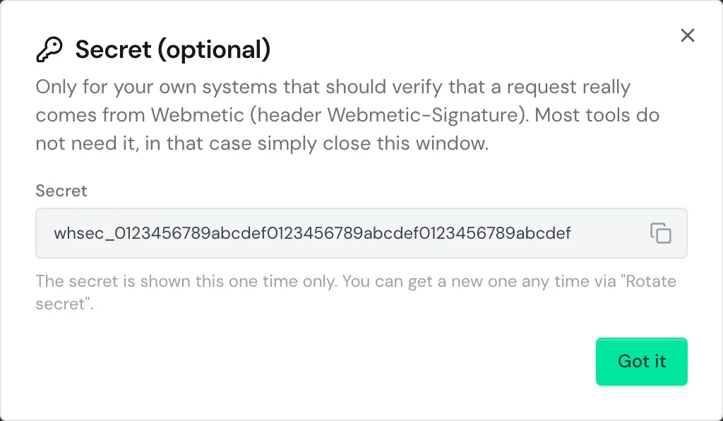 The secret of the new webhook with the Got it button