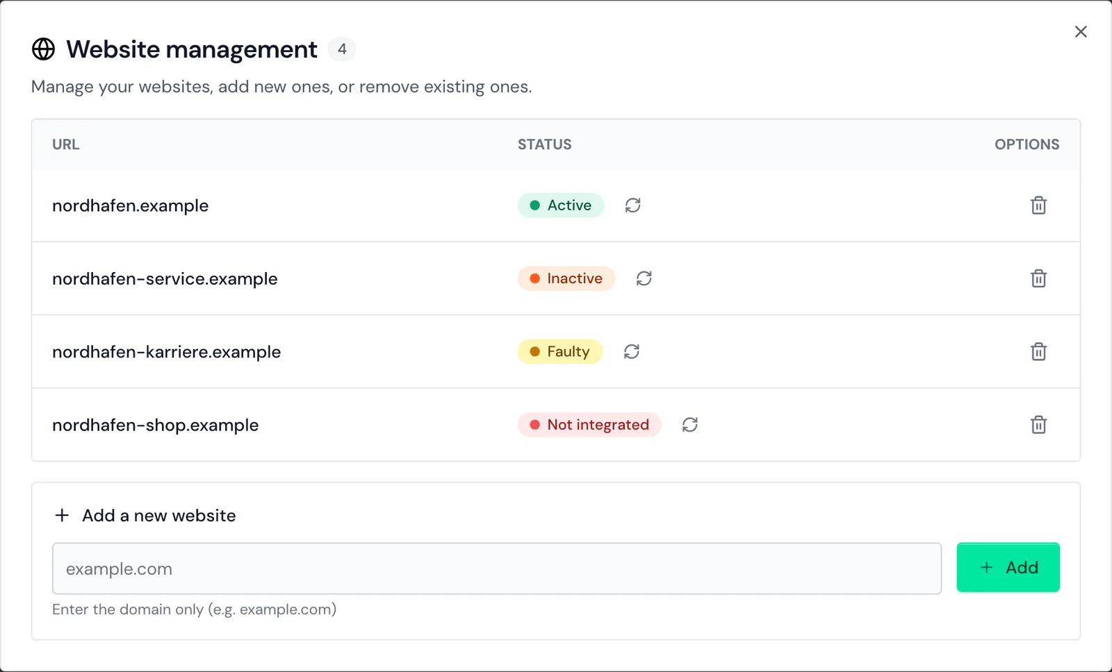 Website management with the statuses Active, Inactive, Faulty, and Not integrated