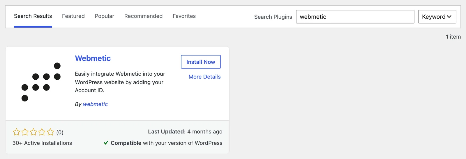 The WordPress plugin search with the Webmetic card and the Install Now button