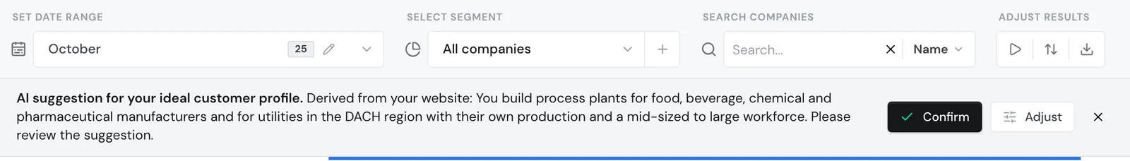 The banner about the AI suggestion above the list with the Confirm and Adjust buttons