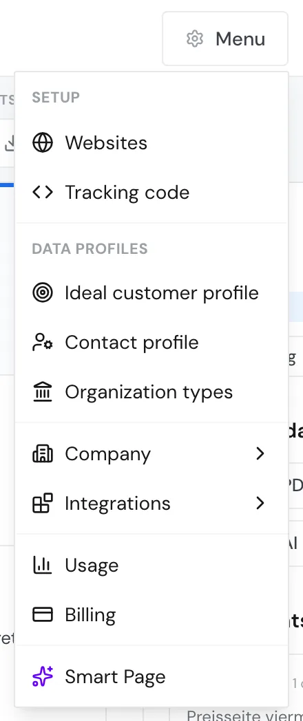 The open menu with the Data profiles section and the Ideal customer profile item